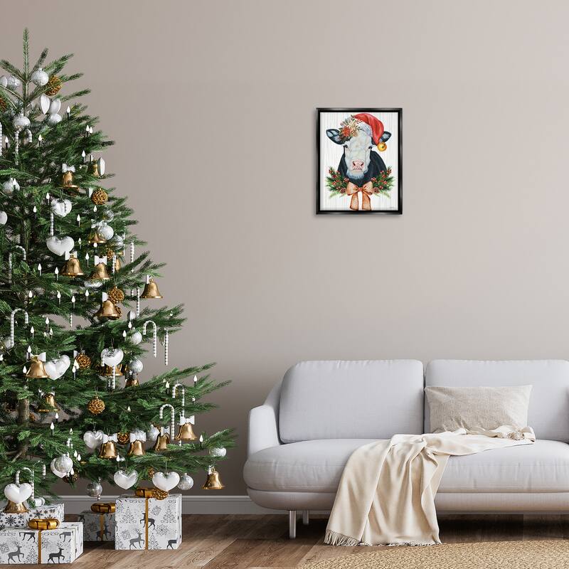 Stupell Festive Cow in Christmas Hat Framed Floater Canvas Wall Art Design By Ashley Justice