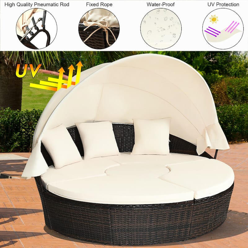 Costway Patio Rattan Daybed Cushioned Sofa Adjustable Table Top Canopy