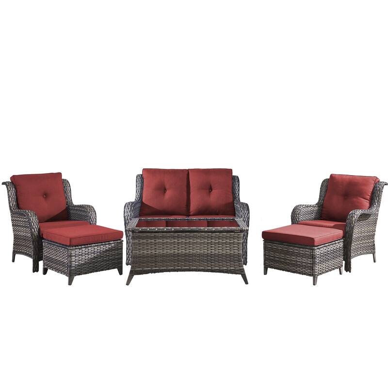 Pocassy 6 Pieces Outdoor 2-Seat Sofa Chairs Table Ottoman