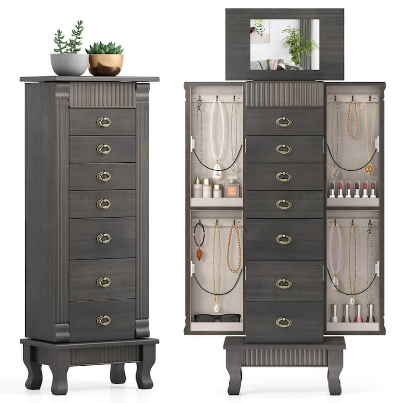 Costway Jewelry Cabinet Armoire Box Storage Chest Stand Organizer Wood - See Details - Grey