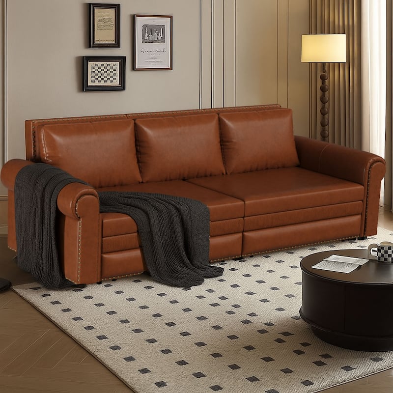 Classic Elegant Convertible Upholstered Sofa Sleeper Sofa with Pull Out Bed - Light Brown PU