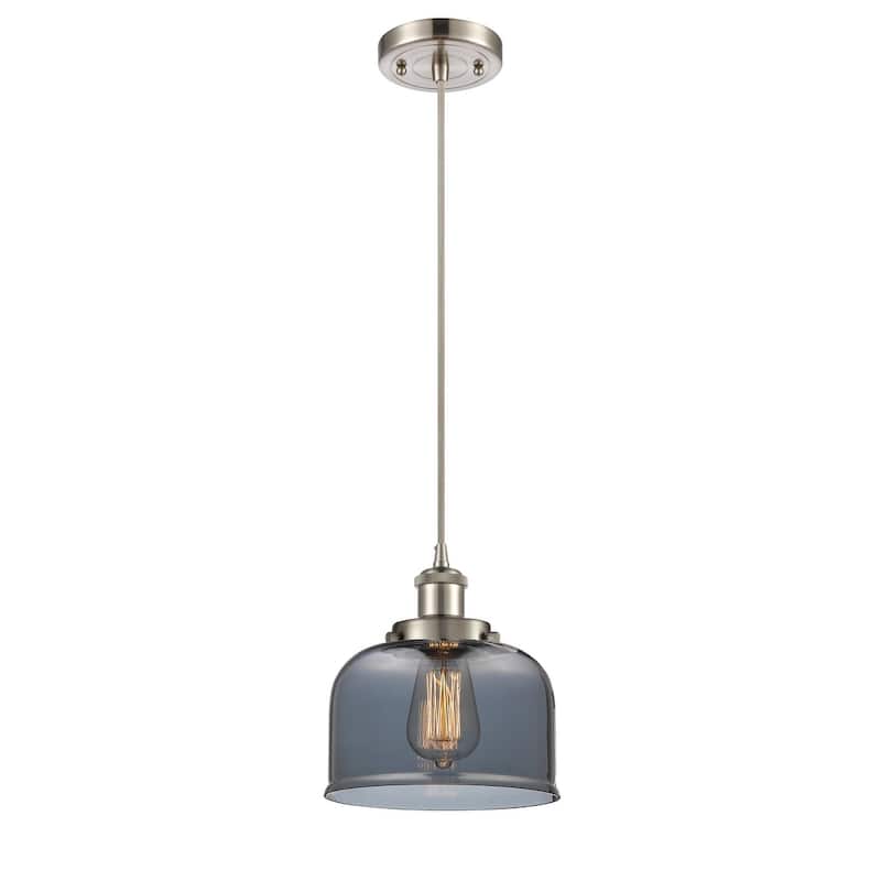 Innovations Lighting Large Bell 8" Wide Mini Pendant - Cord Hung - Brushed Satin Nickel / Plated Smoke