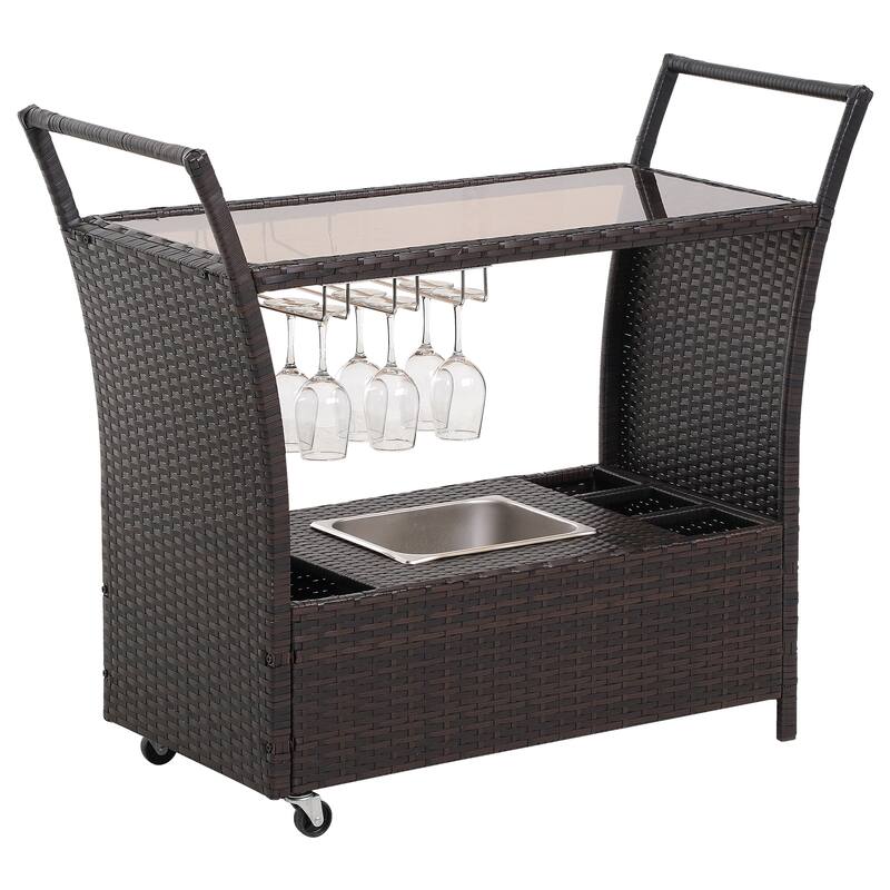 Outdoor Wicker Bar Serving Cart with Wheels and Ice Bucket,Brown