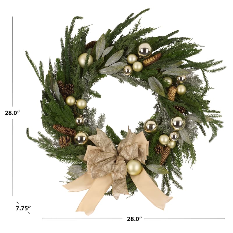 SAFAVIEH Home Faux 28-inch Pine Needle Wreath With Ornaments And Ribbon & Pine Cone