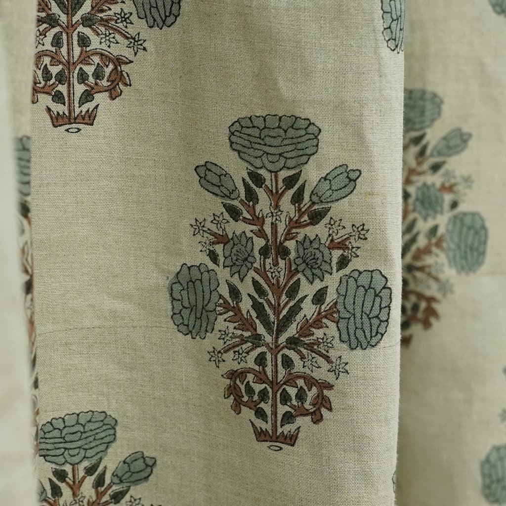 Fabdivine Linen Block Print Curtain Pinch Pleated Drape Grey Floral Window Panel Semi Sheer Treatment Vintage Décor, Swadesh