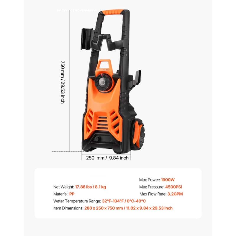 Electric Pressure Washer Max 4500 PSI 3.2 GPM With Pressure Adjustment - Orange