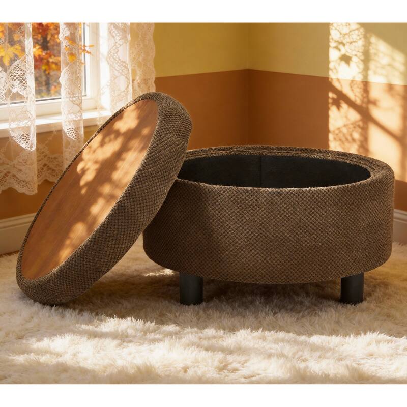 25"Round Storage Ottoman with Tray,ModernTufted Fabric Circle Coffee Table with Storage,Upholstered Ottoman with Removable Top