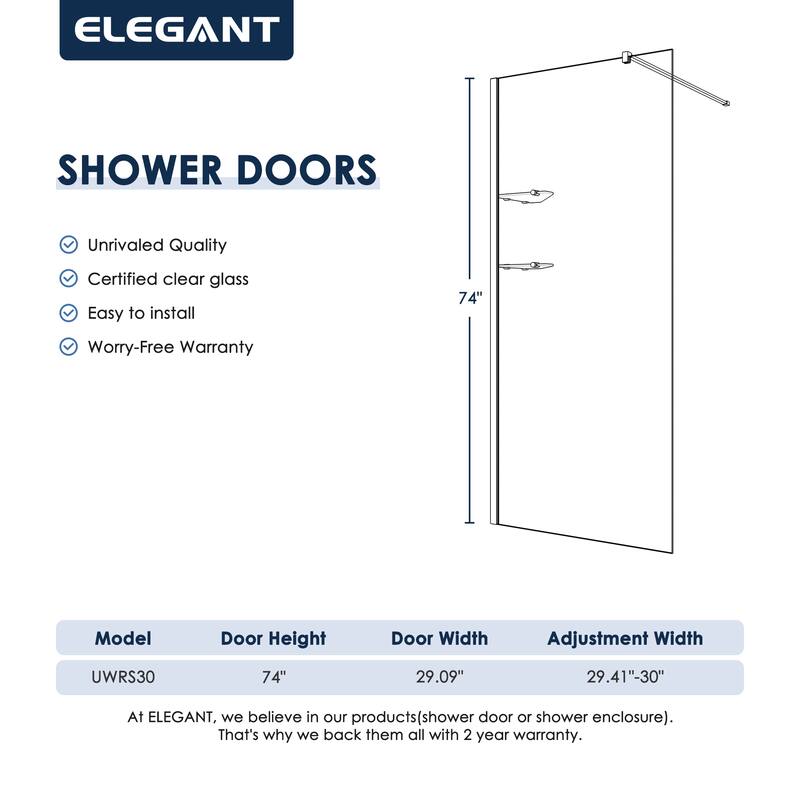 Elegant Frameless Fixed Glass Panel Shower Door 74inch High with 5/16inch Clear Tempered Glass with 2 Corner Shelves