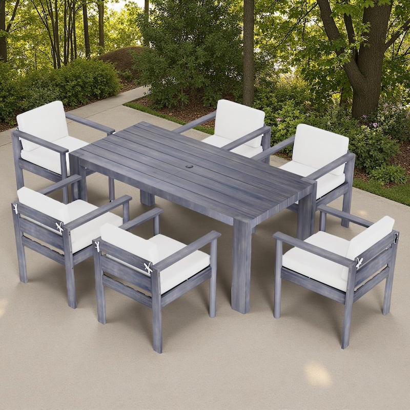 7-Piece Outdoor Patio Acacia Wood Dining Set with Umbrella Hole and 6 Cushioned Low Back Chairs - Beige,Gray(Upgraded)