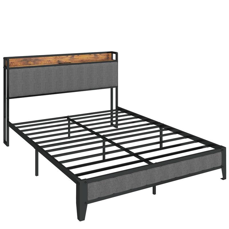 Upholstered Platform Bed Frame with Power Outlet & USB Ports & Shelf