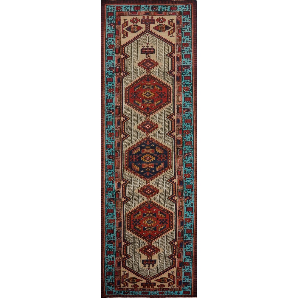 Hand Knotted Oriental 100% Wool Carpet Traditional Tribal Beige & Ivories Ardebil Runner Rug - 11' 11'' X 3' 3''