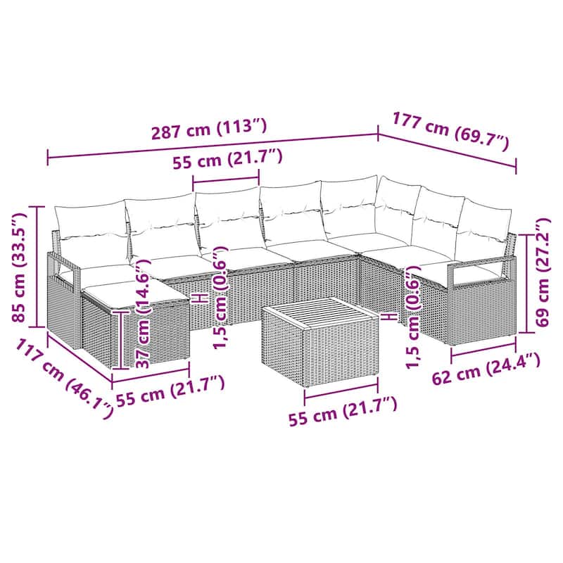 vidaXL 9 Garden Sofa Set with Cushions Black/Grey Poly Rattan - 113 x 69.7 x 27.2