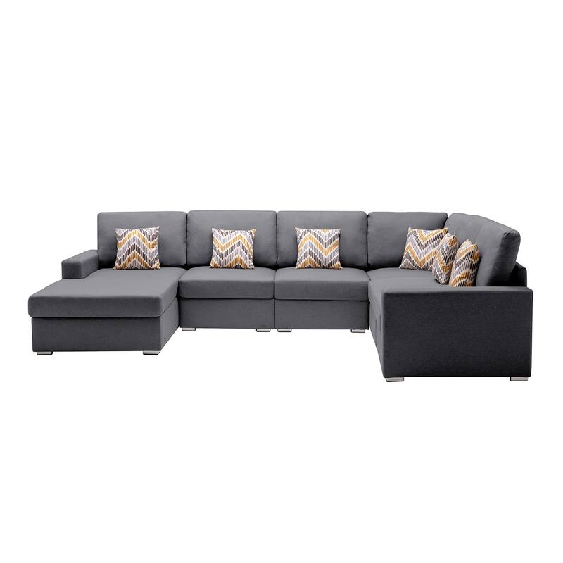 Linen Fabric 6 Piece Reversible Chaise Sectional Sofa with 6 Pillows and Interchangeable Legs - Gray
