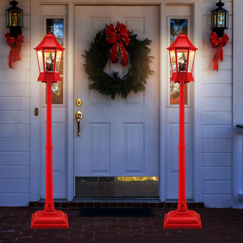 Red Musical Christmas Street Lamp with LED Lights and Snow Globe Scene for Santa or Snowman Decor - 12.5" x 12.5" x 64"