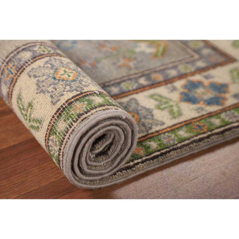 Gray Geometric Kazak Oriental Accent Rug Handmade Foyer Wool Carpet - 2'8" x 4'1"