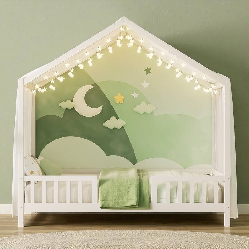 Montessori House Bed with Canopy, Twin/Full Kids Floor Bed Frame with High Railings, Wooden Roof Bed for Toddlers and Children - White - Twin