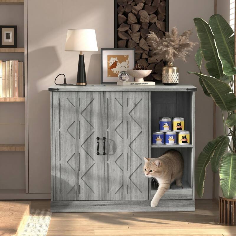 Cat Litter Box Cabinet with Power Outlet, Box Furniture for Automatic Litter Boxes, with Litter Catcher, Adjustable Shelves
