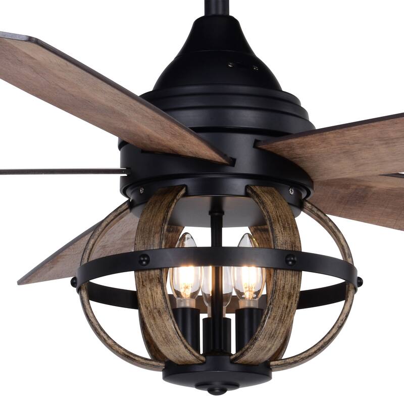 Huron Black and Burnished Teak Farmhouse Indoor Ceiling Fan with LED Cage Light Kit and Remote - 52-in W x 21-in H x 52-in D