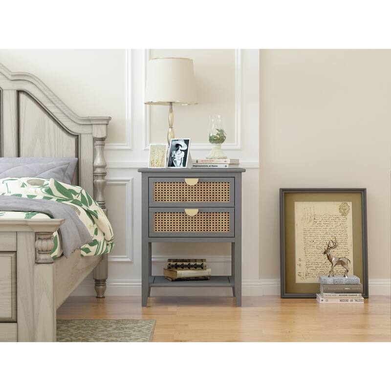 2 Drawer Side table, Naturel Rattan, End table, Suitable for bedroom, living room, study