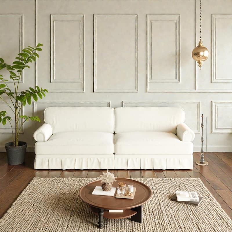 93.7" Luxury 4 Seater Cloud Couch with Extra Deep Seat, Fabric Sofa with Rolled Arms and Pleated Skirt - Beige