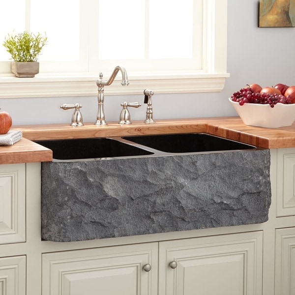 Signature Hardware 908292 33 Polished Granite Double Basin Signature Hardware 908292 33 Polished Granite Double Basin Farmhouse Sink With Chiseled A