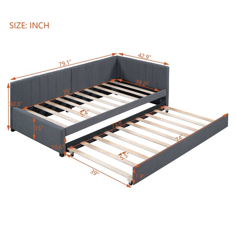 Upholstered Daybed with Twin Size Trundle, Twin Size Linen Fabric Sofa Bed Frame with L-Shaped Headboard, No Box Spring Needed