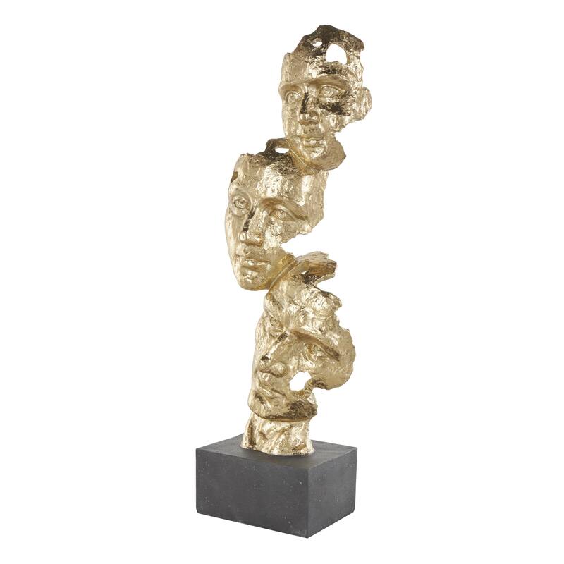 Polystone Mask Stacked Face Cutout Decorative Sculpture with Black Block Base - Gold - Roche River Decor