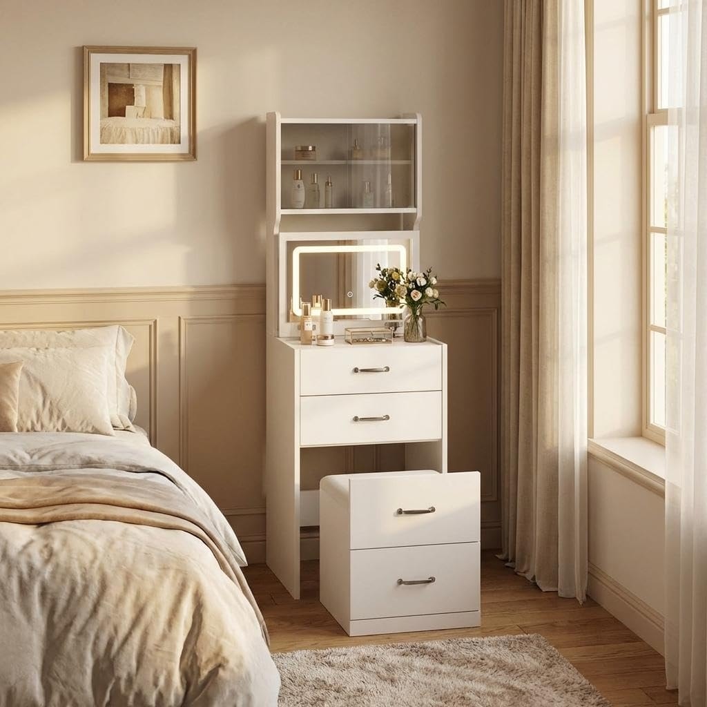 3-in-1 Vanity Desk with 3 Color LED, Compact Makeup Vanity Set with 2 AC Outlets & USB