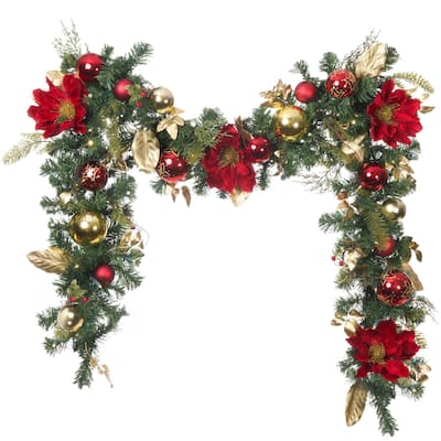 9 ft. Artificial Christmas Garland with Lights - Golden Leaf Red Magnolia - 9 Foot