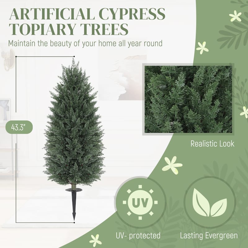 Set of 2 Artificial Cypress Trees 43 Inch PE Leaves with Ground Stakes for Indoor and Outdoor Decoration