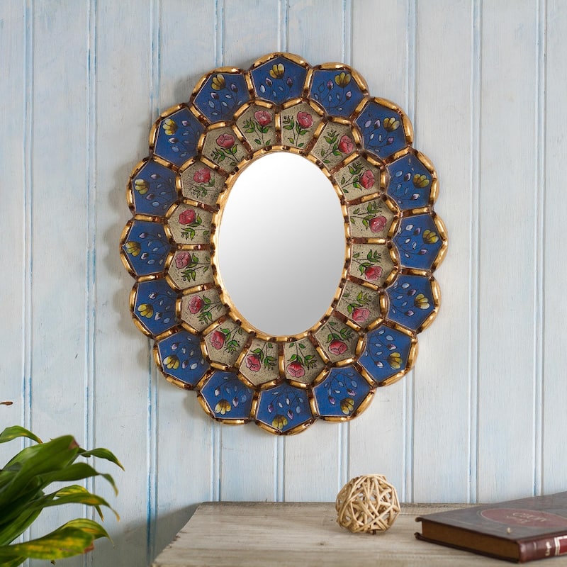 Novica Handmade Idyllic Garden In Blue Reverse-Painted Glass Wall Mirror
