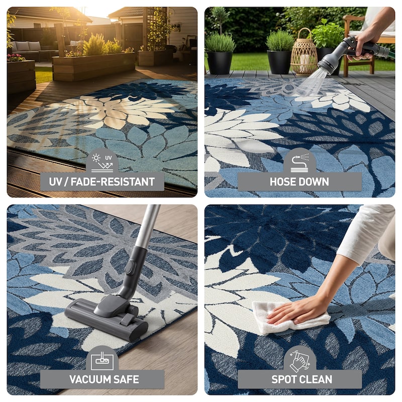 World Rug Gallery Indoor/Outdoor High-Low Textured Area Rug, Floral Easy-Clean Patio Rug