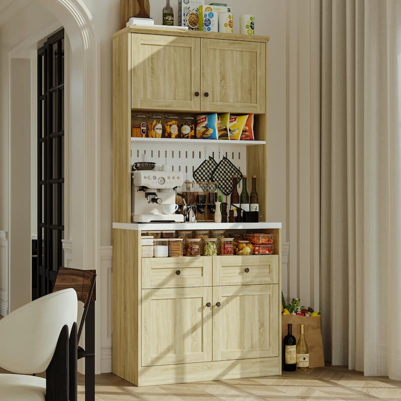 Tall Kitchen Pantry Cabinet Microwave Shelf and Storage Drawers Coffee Bar Cabinet Buffet Hutch Cabinet
