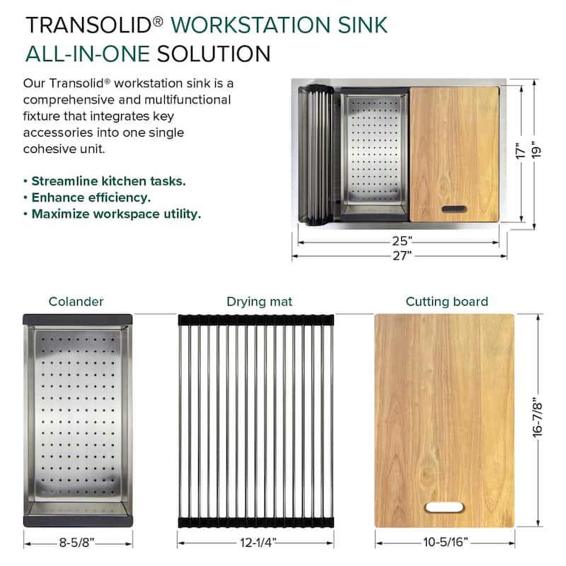 Transolid KWSSU271910 27-in X 19-in X 10-in 18-Gauge Undermount Stainless Steel Kitchen Workstation Sink