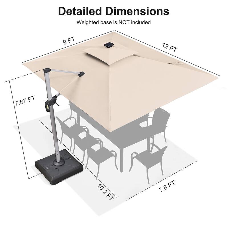 PURPLE LEAF 9/10/11 ft Square 09x12 ft Rectangle Double Top LED Patio Cantilever Umbrella with Base