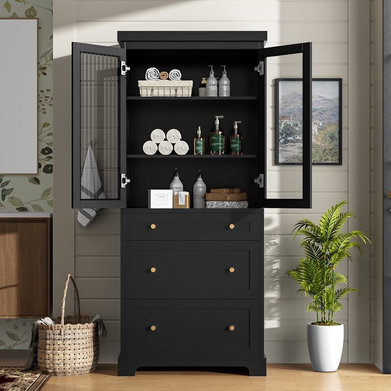 70.1" Modern High Freestanding Tall Bathroom Cabinet with 2 Adjustable Shelves, 3 Drawers, Soft Close Glass Doors - Black