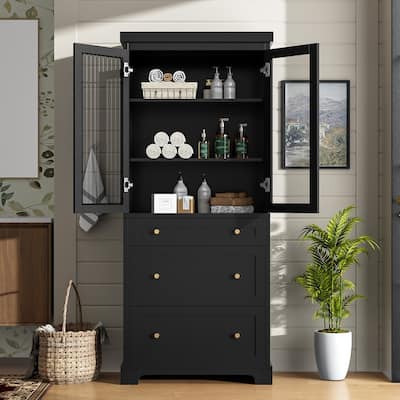 70.1" Modern High Freestanding Tall Bathroom Cabinet with 2 Adjustable Shelves, 3 Drawers, Soft Close Glass Doors