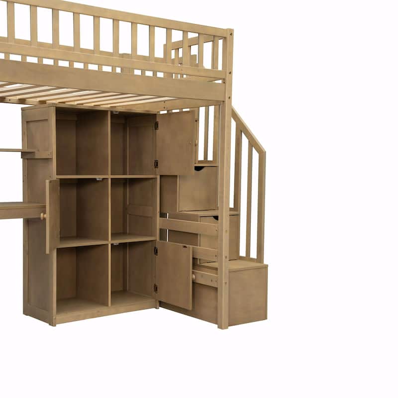 Wooden Twin Loft Bed with Built-in Desk, LED Lights, Storage Shelves, Cabinets & Staircase