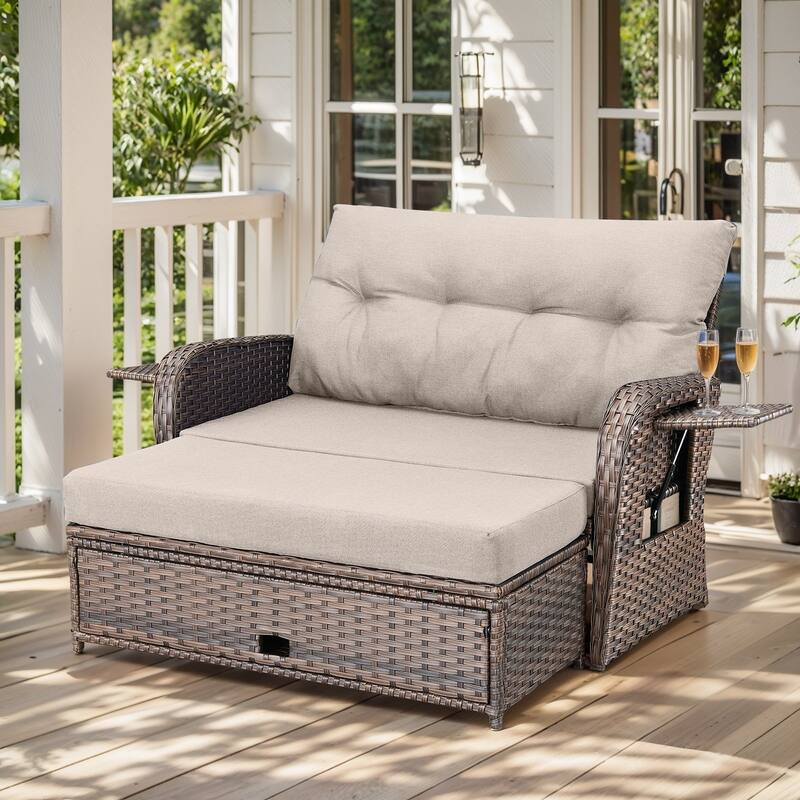 Outdoor Patio Double Lounge Chair without Ottoman - Beige-with Ottoman