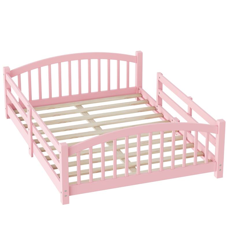 Montessori Solid Pine Floor Bed with Full-Length Safety Fence & Slatted Base by Harper&Bright Designs