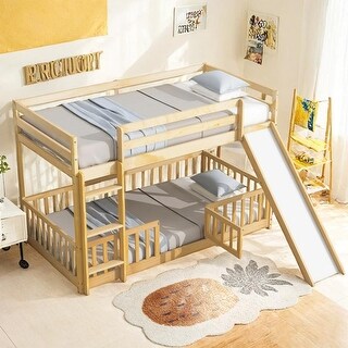 Twin Over Twin Floor Bunk Bed with Slide, Ladder, Door, Safety Guardrails