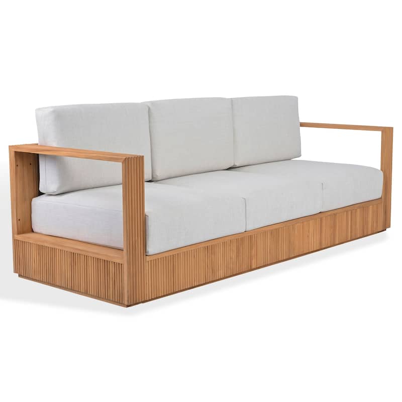 SAFAVIEH Couture Saint Lucia Reeded Teak Wood Patio Sofa - 80"W x 30"D x 24"H