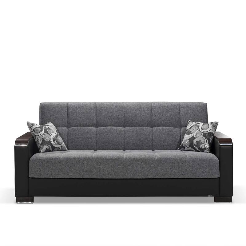 HomeRoots 87" Gray And Black Microfiber Convertible Futon Sleeper Sofa And Toss Pillows With Storage