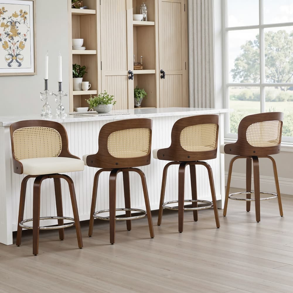 26" Upholstered Swivel Counter & Bar Stool with Rattan Back - 37.4"H x 19.09"W x 19.88"D