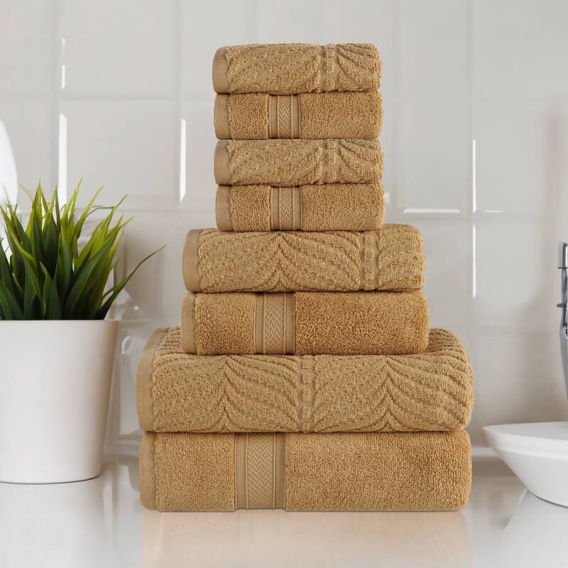 Superior Chevron Zero Twist Solid and Jacquard Cotton 8 Piece Towel Set - Gold