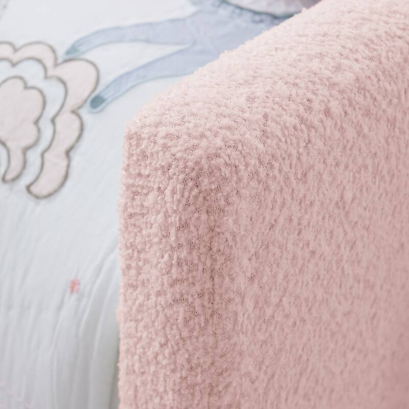 Twin Size Platform Bed Upholstered Bed with Safety Rail and Pocket, Kids Bed with Rabbit Ear, Skin-friendly Boucle Fabric
