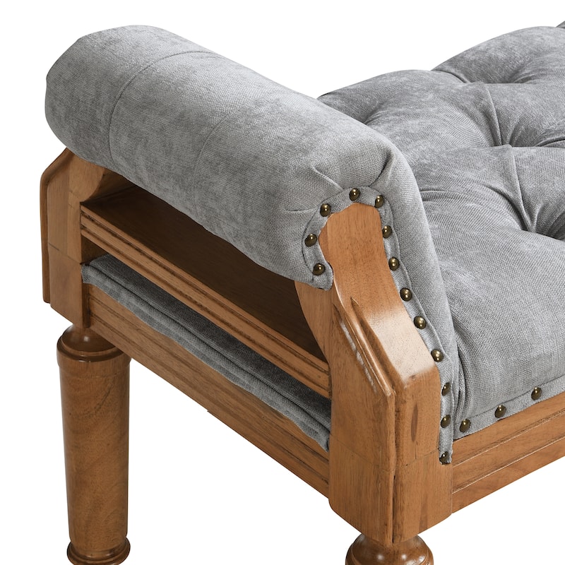 Christopher Knight Home - Mid-Century Solid Rubberwood Upholstered Bench with Rolled Arms, Button-Tufted Cushion & Nailhead Trim