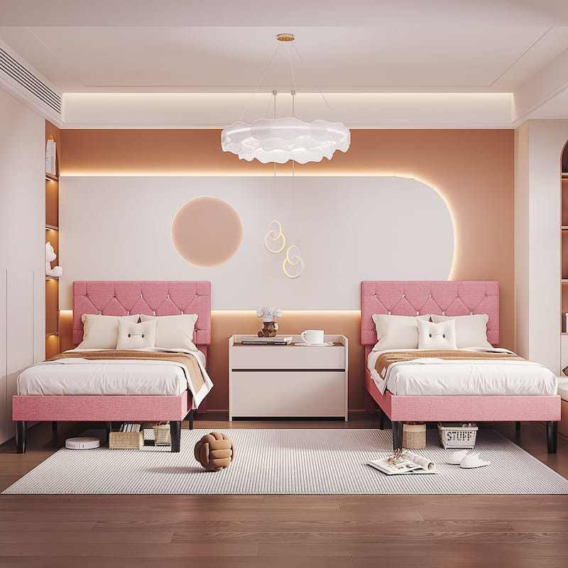 VECELO 2 Pack Upholstered Twin Size Kids Bed Frame Set of 2 Diamond Tufted Headboard with Crystal/Button Accents