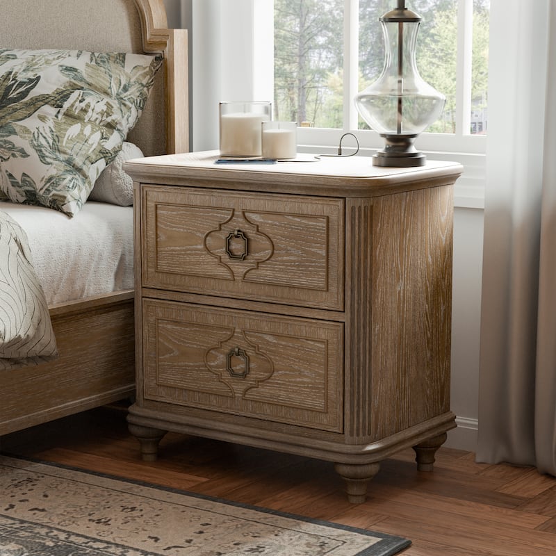 Furniture of America Aveline Modern Rustic Oak Solid Wood 2-Drawer Nightstand With USB Ports - Oak