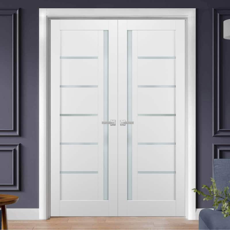 French Double Panel Lite Doors Hardware / Quadro 4088 White Silk Frosted Opaque Glass